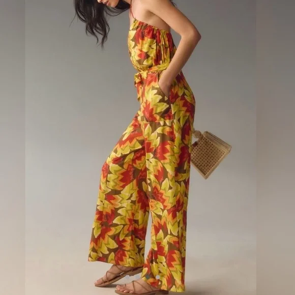NWT FARM Rio Yellow/Red Multicolor Halter Floral Leaf Jumpsuit, Size XL - Picture 3 of 4